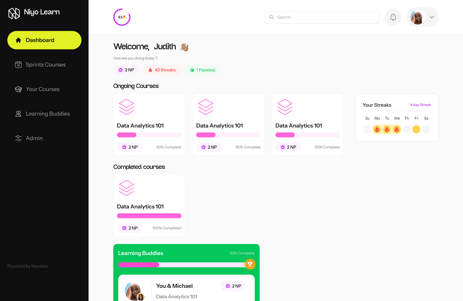 Niyo Learn dashboard, where the readiness pathway lives